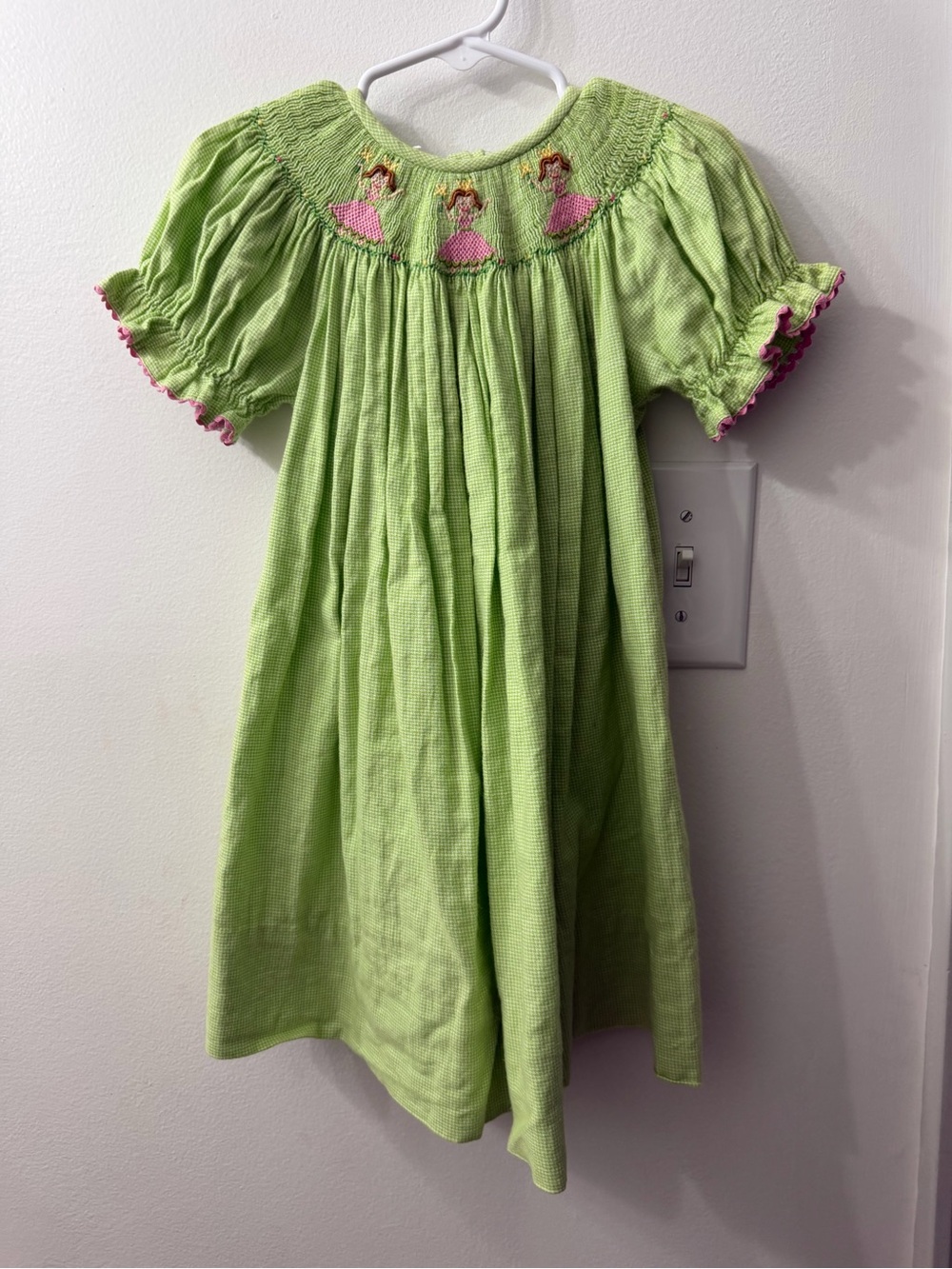 Girls' Lime Green Smocked Dress with Pink Embroidered Trim